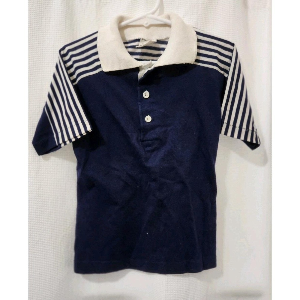 Sears Little Boys Shirt Vintage‎ Navy Blue White Collar Stripes Perma Press SZ 8